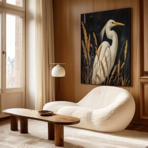 Vintage White Heron Oil Painting Print – Elegant Wildlife Wall Art