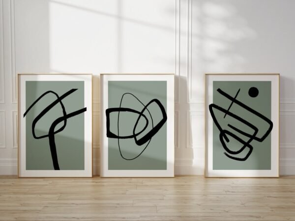 Sage Green Abstract Wall Art Set – Minimalist Line & Shape Prints (Set of 3)