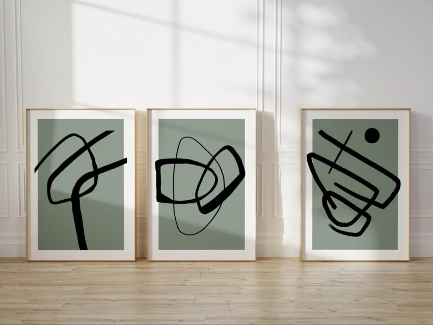 Sage Green Abstract Wall Art Set – Minimalist Line & Shape Prints (Set of 3)
