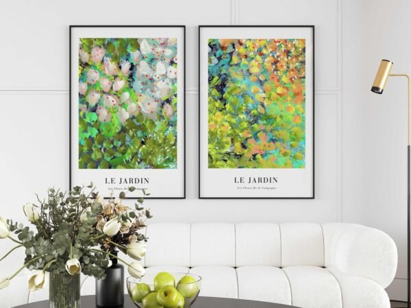 Flower Market Botanical Wall Art – Set of 2 Bright Abstract Prints, Colorful Maximalist Decor for Living Room or Bedroom