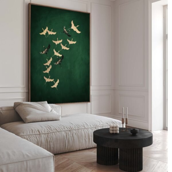 Emerald Green Cranes Canvas Wall Art, Large Framed Art Print, Dark Green Decor, Abstract Art, Vibrant Living Room Home Decor, Tsuru Japanese