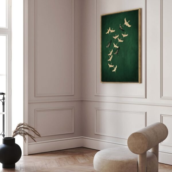 Emerald Green Cranes Canvas Wall Art, Large Framed Art Print, Dark Green Decor, Abstract Art, Vibrant Living Room Home Decor, Tsuru Japanese