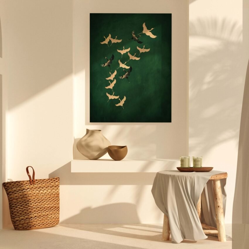 Emerald Green Cranes Canvas Wall Art, Large Framed Art Print, Dark Green Decor, Abstract Art, Vibrant Living Room Home Decor, Tsuru Japanese