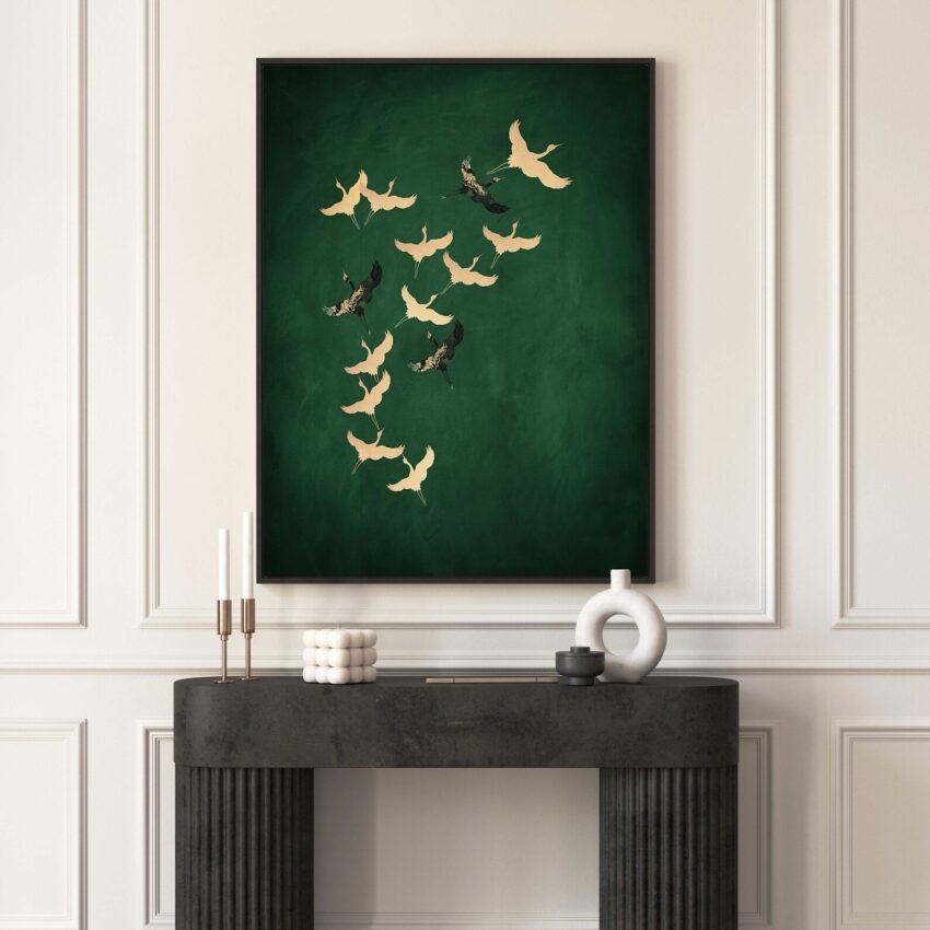 Emerald Green Cranes Canvas Wall Art, Large Framed Art Print, Dark Green Decor, Abstract Art, Vibrant Living Room Home Decor, Tsuru Japanese