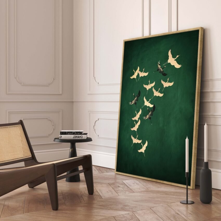 Emerald Green Cranes Canvas Wall Art, Large Framed Art Print, Dark Green Decor, Abstract Art, Vibrant Living Room Home Decor, Tsuru Japanese