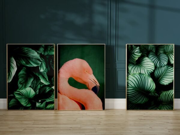 Emerald Green Botanical Wall Art – Set of 3 Prints with Flamingo, Dark Green Maximalist Decor for Bedroom or Living Room