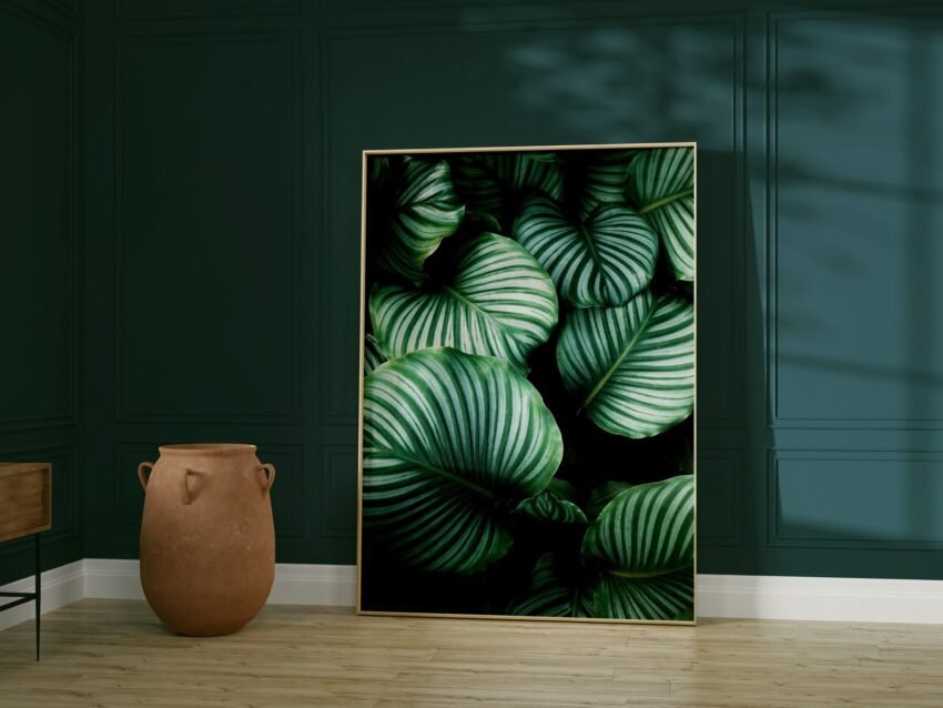 Set of 3 emerald green botanical prints with flamingo – bold, maximalist wall art perfect for dark or moody interiors.