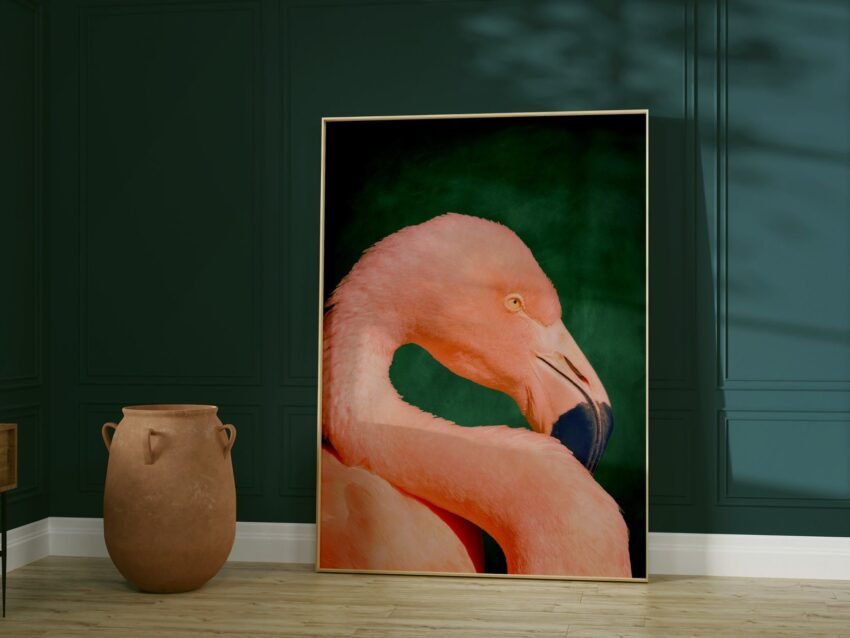 Set of 3 emerald green botanical prints with flamingo – bold, maximalist wall art perfect for dark or moody interiors.