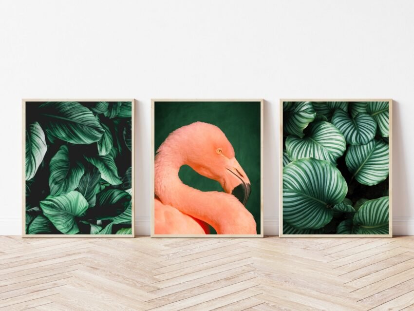 Set of 3 emerald green botanical prints with flamingo – bold, maximalist wall art perfect for dark or moody interiors.