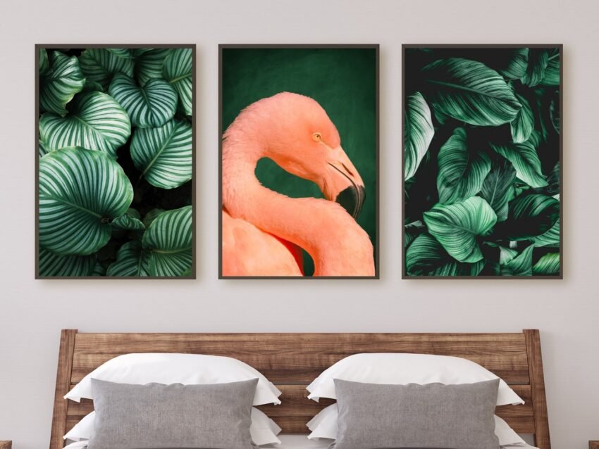 Set of 3 emerald green botanical prints with flamingo – bold, maximalist wall art perfect for dark or moody interiors.