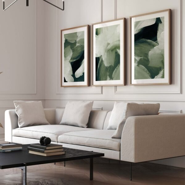 Forest Green Abstract Wall Art – Set of 3 Wabi-Sabi Prints