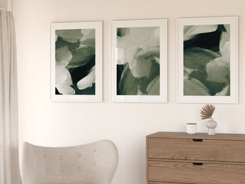 Forest Green Abstract Wall Art – Set of 3 Wabi-Sabi Prints
