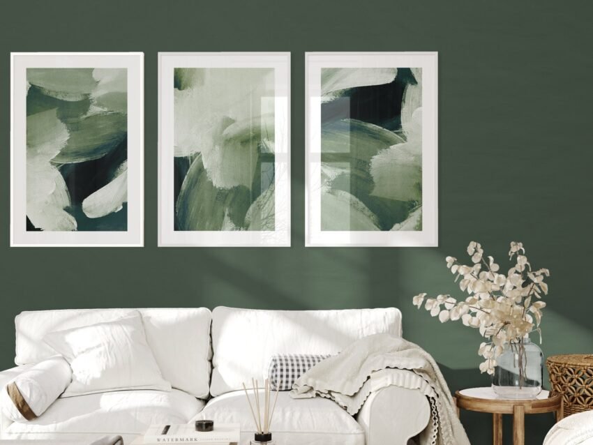 Set of 3 forest green abstract prints with wabi-sabi style – perfect for minimalist, nature-inspired home décor.