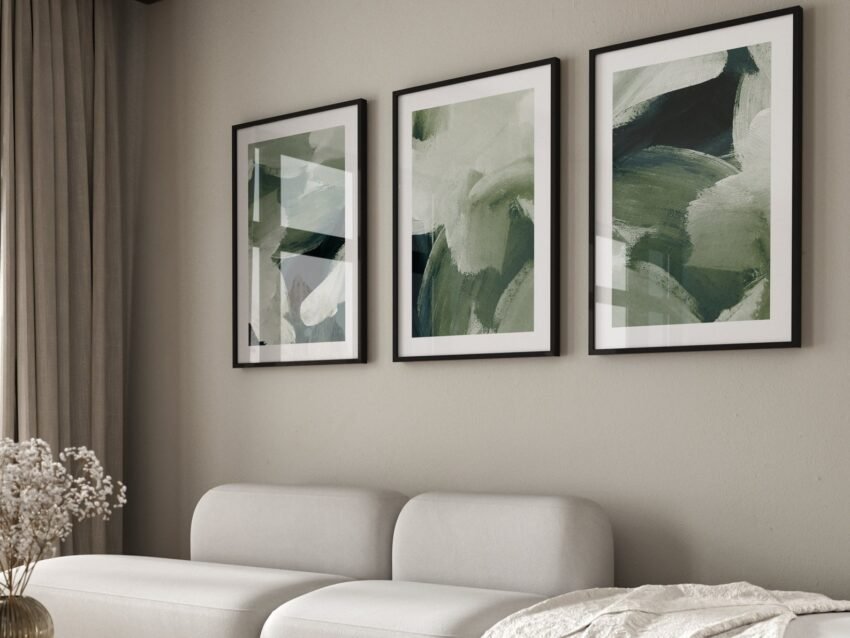 Set of 3 forest green abstract prints with wabi-sabi style – perfect for minimalist, nature-inspired home décor.