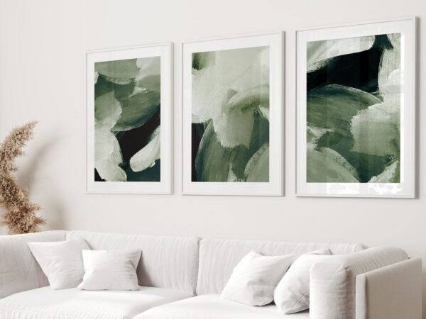 Set of 3 forest green abstract prints with wabi-sabi style – perfect for minimalist, nature-inspired home décor.