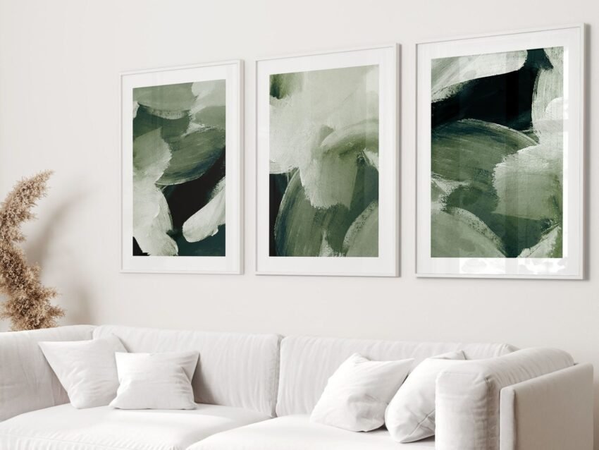 Set of 3 forest green abstract prints with wabi-sabi style – perfect for minimalist, nature-inspired home décor.
