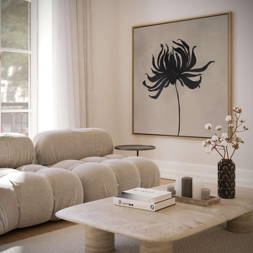 Neutral Flower Canvas Wall Art, Greige Print, Minimalist Wall Art, Large Living Room Decor, Floating Framed Wall Art, Floral Bedroom Art