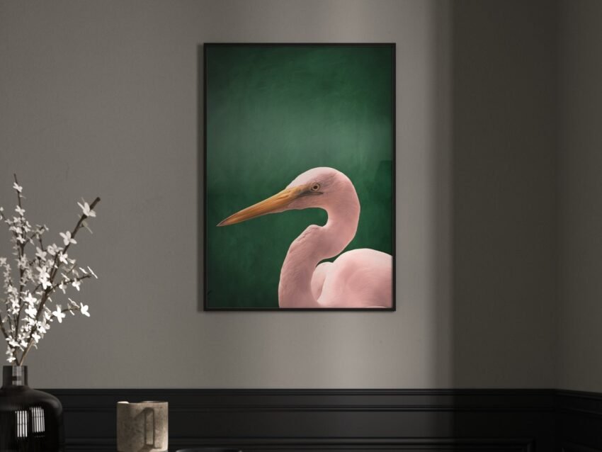 Pink Crane Emerald Green Print · Emerald Green Decor · Pink and Green · Large Wall Art · Maximalist Decor · Living Room Decor · Poster
