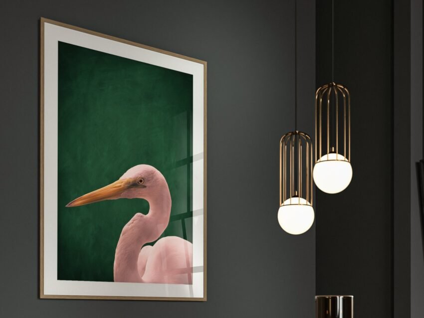 Pink Crane Emerald Green Print · Emerald Green Decor · Pink and Green · Large Wall Art · Maximalist Decor · Living Room Decor · Poster