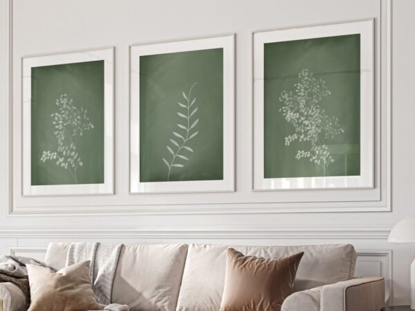Set of 3 sage green botanical prints – perfect for cottagecore, French, or farmhouse-inspired living spaces.