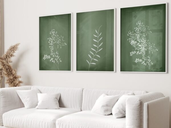 Set of 3 sage green botanical prints – perfect for cottagecore, French, or farmhouse-inspired living spaces.
