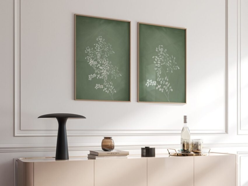 Set of 3 sage green botanical prints – perfect for cottagecore, French, or farmhouse-inspired living spaces.