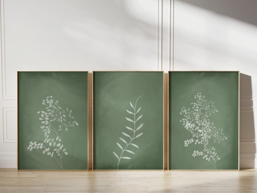 Set of 3 sage green botanical prints – perfect for cottagecore, French, or farmhouse-inspired living spaces.
