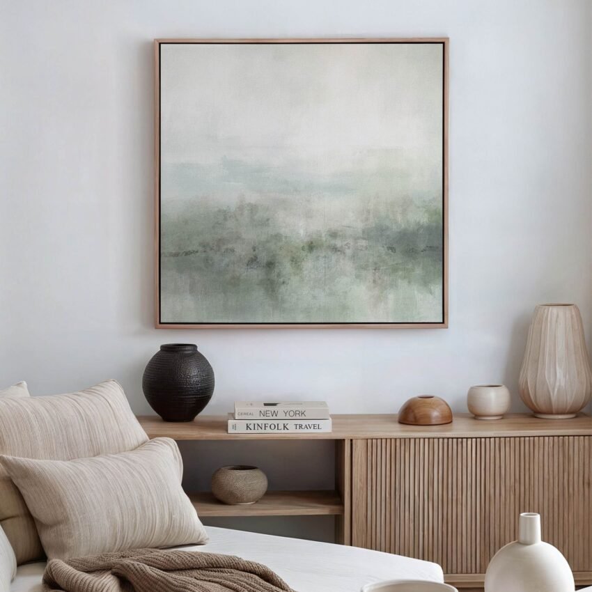 Sage Green Canvas Wall Art, Statement Square Print, Abstract Painting, Large Living Room Decor, Calming Framed Art, Minimalist Interior