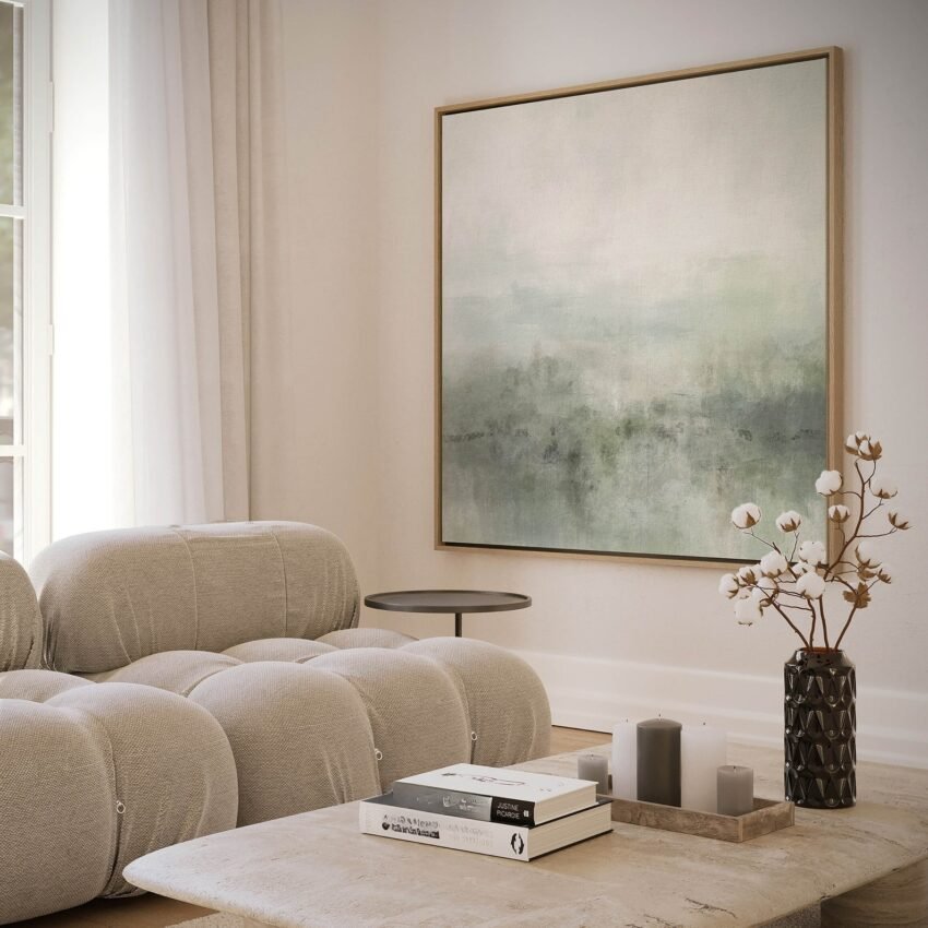 Sage Green Canvas Wall Art, Statement Square Print, Abstract Painting, Large Living Room Decor, Calming Framed Art, Minimalist Interior