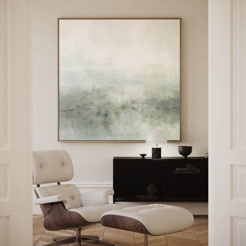 Sage Green Canvas Wall Art, Statement Square Print, Abstract Painting, Large Living Room Decor, Calming Framed Art, Minimalist Interior