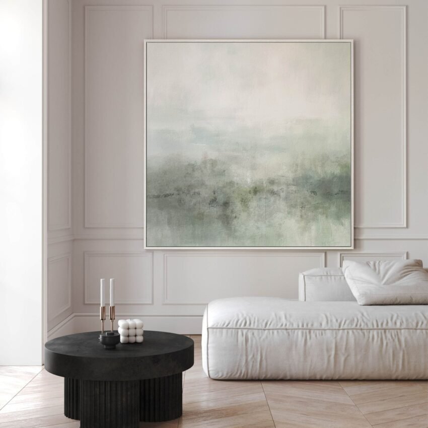 Sage Green Canvas Wall Art, Statement Square Print, Abstract Painting, Large Living Room Decor, Calming Framed Art, Minimalist Interior