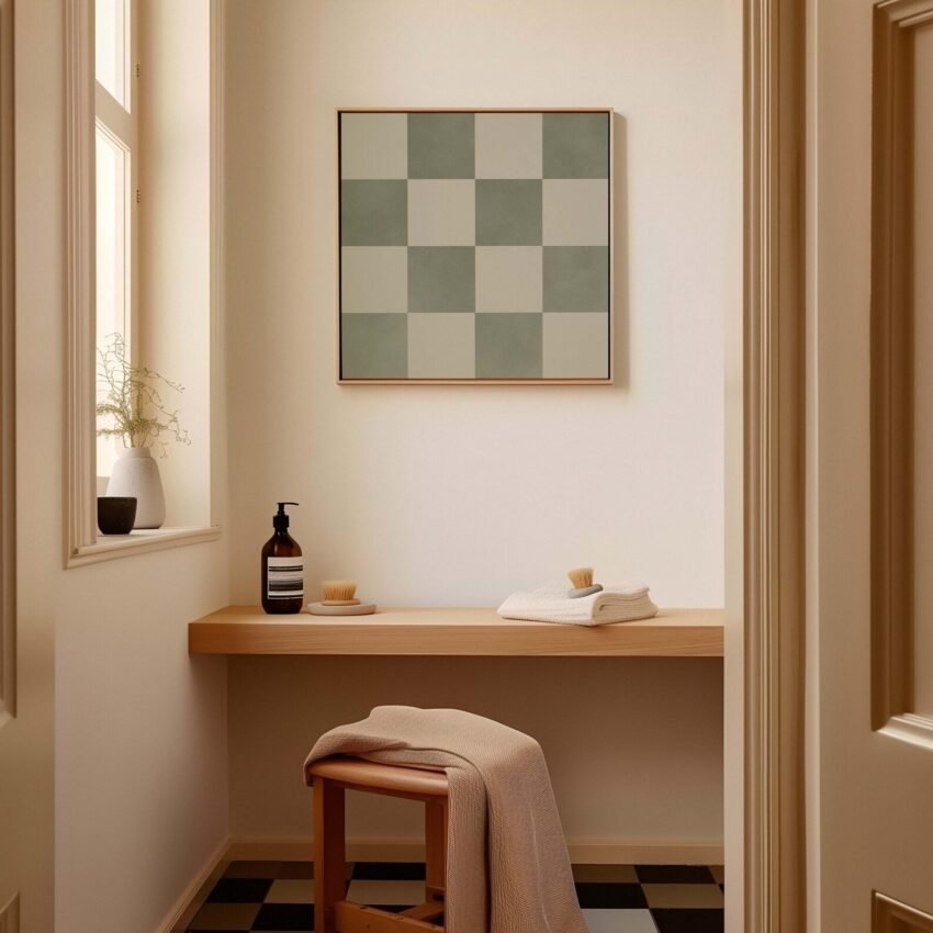 Add a soft touch of modern style with this sage green checkered framed canvas—perfect for minimalist or pastel-inspired interiors.