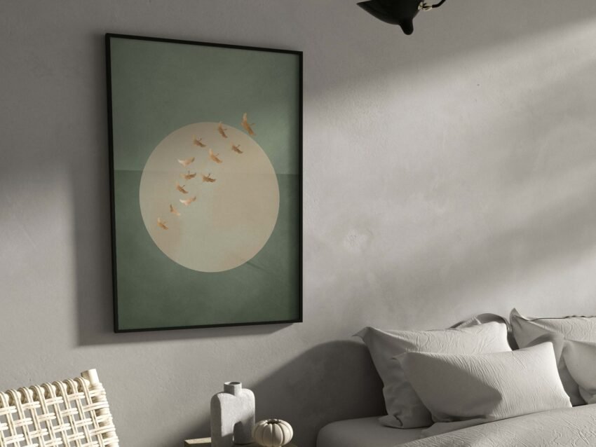 Sage Green Japanese Cranes Wall Art – Japandi Zen Decor