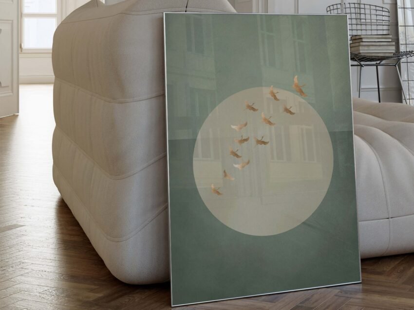 Sage Green Japanese Cranes Wall Art – Japandi Zen Decor