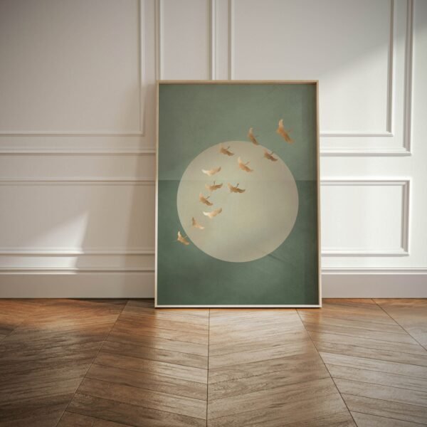 Sage Green Japanese Cranes Wall Art – Japandi Zen Decor