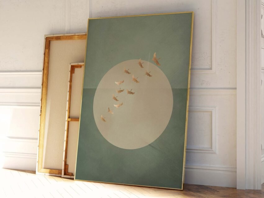 Sage Green Japanese Cranes Wall Art – Japandi Zen Decor