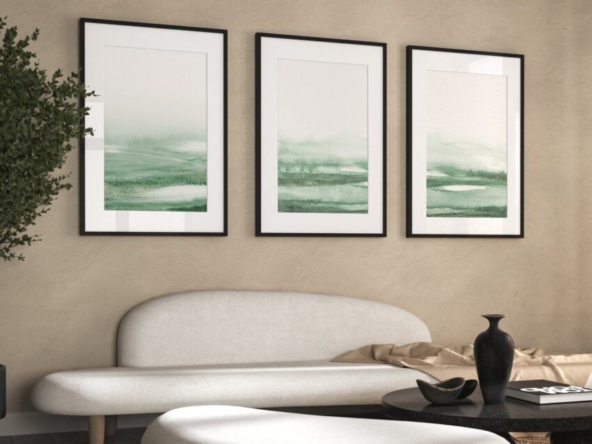 Sage Green Wall Art – Set of 3 Minimalist Landscape Watercolour Prints, Wabi Sabi Decor for Living Room