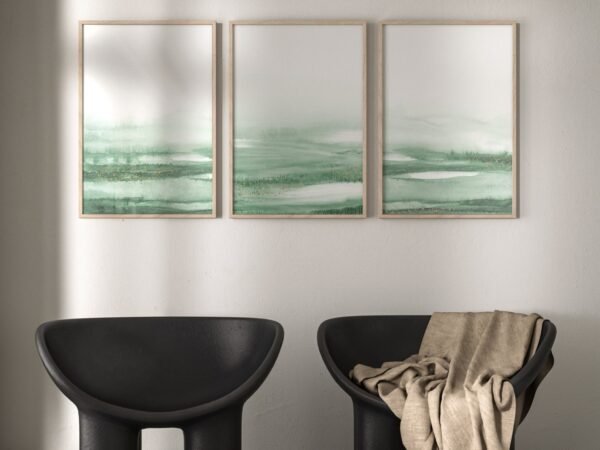 Sage Green Wall Art – Set of 3 Minimalist Landscape Watercolour Prints, Wabi Sabi Decor for Living Room