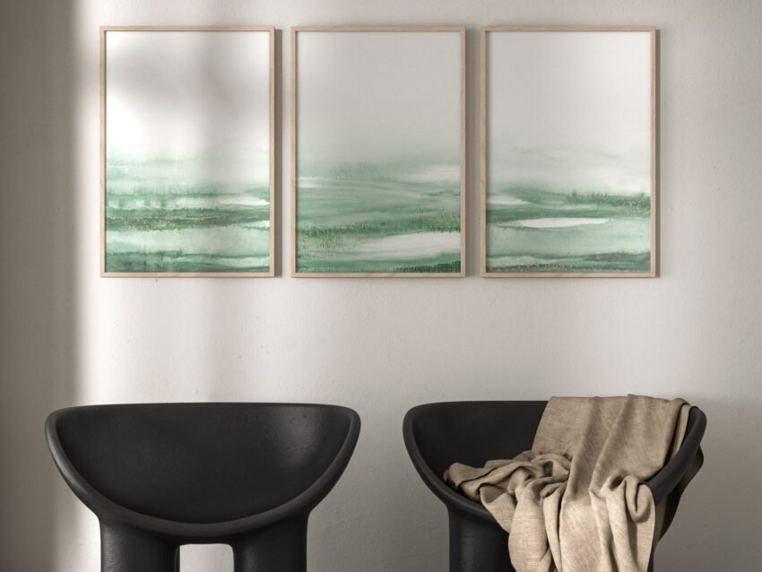 Sage Green Wall Art – Set of 3 Minimalist Landscape Watercolour Prints, Wabi Sabi Decor for Living Room