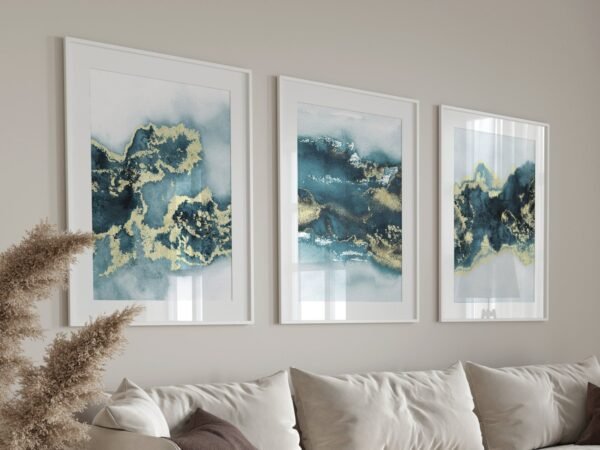 Teal & Gold Abstract Wall Art – Set of 3 Prints