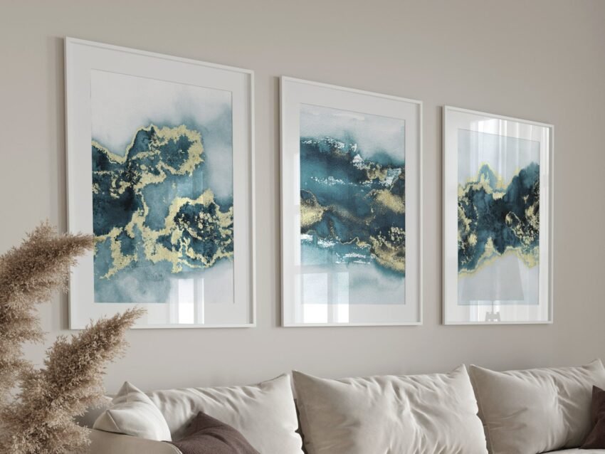 Teal & Gold Abstract Wall Art – Set of 3 Prints