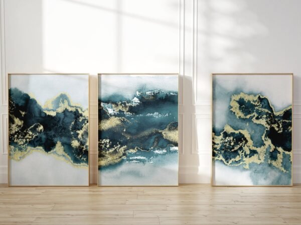Teal & Gold Abstract Wall Art – Set of 3 Prints